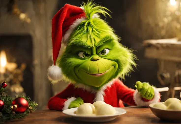 Grinch as a child,Fluffy bristles,10 generations,cute little,(Face without wrinkles),Smooth bristles,green dumpling nose,all displayed,poseing,a scene from a movie,Christmas,Dynamic composition,​masterpiece