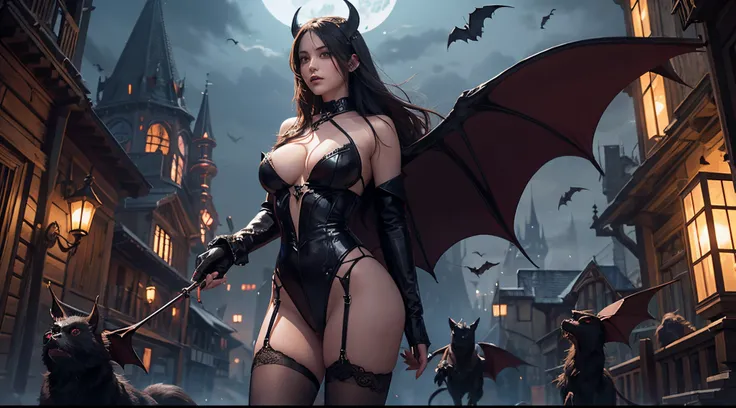 Countless bats gather into a sexy female devil，Medieval castle in background，the night，Meniscus