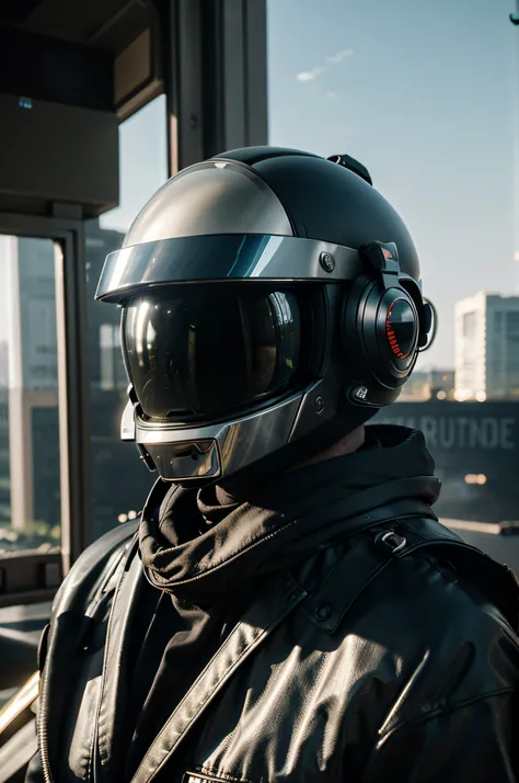 a detailed realistic MID_SHOT of Daft punk , perfect eyes, best quality, extremely sharp focus face, analog fine film grain, post-apocalyptic, cinematic, realistic, trending art station, helicopter, focus, studio photo, details, highly Rutkowski, intricate...