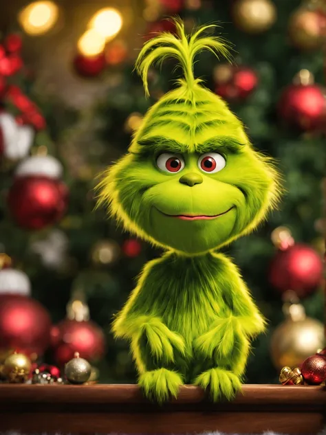 Grinch,Fluffy bristles,,cute little,(Face without wrinkles),Smooth bristles,green dumpling nose,all displayed,poseing,a scene from a movie,Christmas,dynamic compositions,​masterpiece