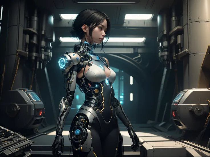 Female robot holding tools to repair her damaged left shoulder，Intelligent bionic robot、Black haired girl with short hair、robot robot parts、Cable Electrical Wire、micro Chip、Delicate figure,Bright studio、hyper photorealism、high detal、intricately details、Sof...