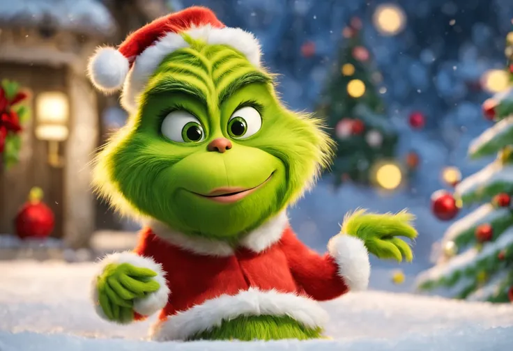 Grinch,Fluffy bristles,,cute little,(Face without wrinkles),Smooth bristles,green dumpling nose,all displayed,dance,a scene from a movie,Christmas,dynamic compositions,​masterpiece