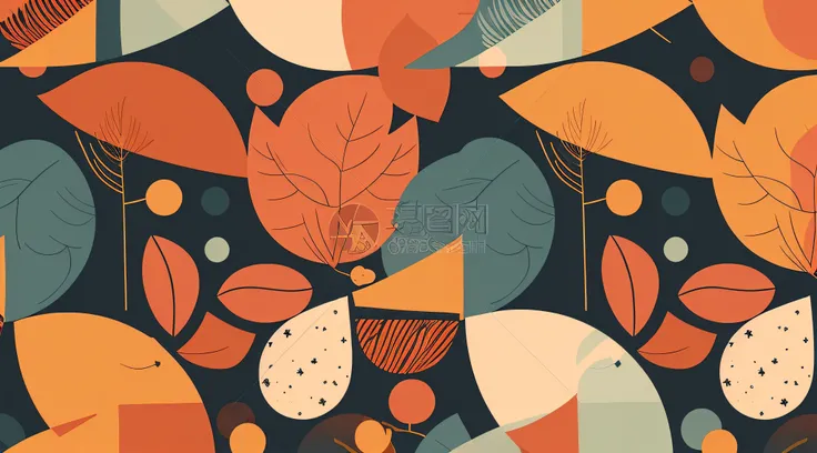 Seamless pattern of leaves and berries on dark background, autumn background, autumnal, Autumn leaves background, Flat, flatillustration, detailed digital illustration, abstract flat colour, geometric shapes background, f 2 0, Autumn colors, Autumn leaves,...