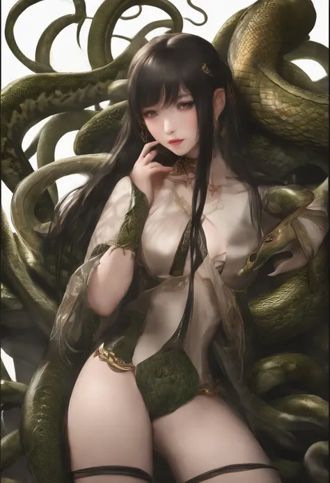 in the dungeon，Small space，Covered with snakes,  asian teen girl, crying expression, Snakes around the body, many snakes, Fine details，Tentacled，Tied with snakes，- vaginal shot，drooling，Crying，Detailed body，Full limbs，photo Raw, hyper HD, Anatomically corr...