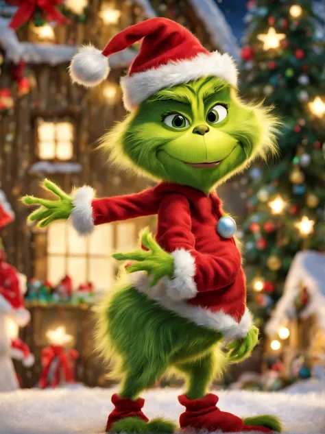 Grinch,Fluffy fur,,cute little,(Face without wrinkles),Smooth bristles,green dumpling nose,all displayed,dance,raise a hand,raise her legs,a scene from a movie,Christmas Town,dynamic compositions,​masterpiece