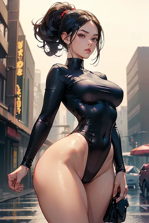 (masutepiece, top-quality, 8K), (1girl in, perfectly proportions, Beautiful face, Big ass, (stares at the camera):1.3), Sexy woman appears in the city on a rainy night, Wet black hair, Wet body, rain is falling,, (wide hips:1.4), (big buttocks:1.4), (thick...