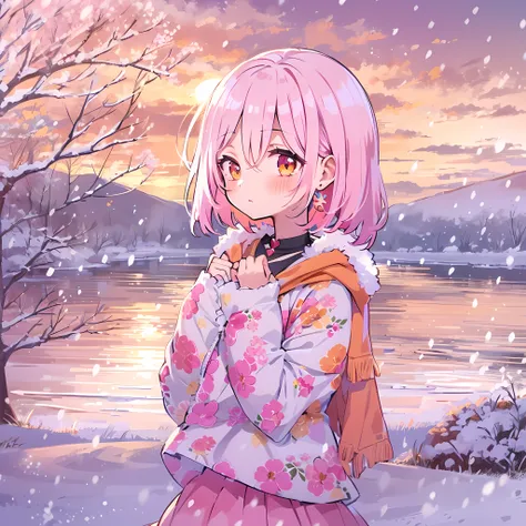 senko-san, loli, big freezed lake, winter, multicolored hair, white hair, pink hair, orange skirt, orange sunset, 1girl, hi resolution, 4k, sakura, snowed lake, pink scratches on a face