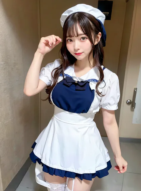 An arafe woman wearing a white and blue dress and a hat, Anime girl cosplay, Sailor Uniform, anime girls in maid costumes, maid clothes, Kantai Collection Style, Anime Cosplay, azur lane style, anime maid ss military, sakimichan, Cosplay, cosplay of a catb...