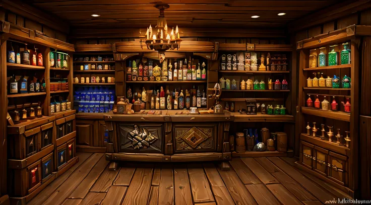 World of Warcraft style，medieval times，magister&#39;Interior of the store，shelves，handicraft，treasures，a little perspective，Highly accurate，tmasterpiece，High- sharpness，