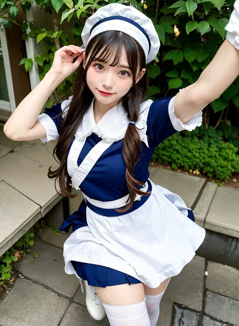 An arafe woman wearing a white and blue dress and a hat, Anime girl cosplay, Sailor Uniform, anime girls in maid costumes, maid clothes, Kantai Collection Style, Anime Cosplay, azur lane style, anime maid ss military, sakimichan, Cosplay, cosplay of a catb...