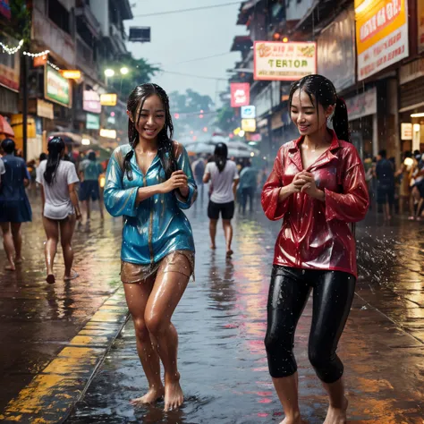 Songkran, wet street party, soaked young girls, drenched, dripping, wet clothes, wet skin, wet hair, 8k, masterpiece, photorealistic, beautiful, happy, clinging heavy clothes