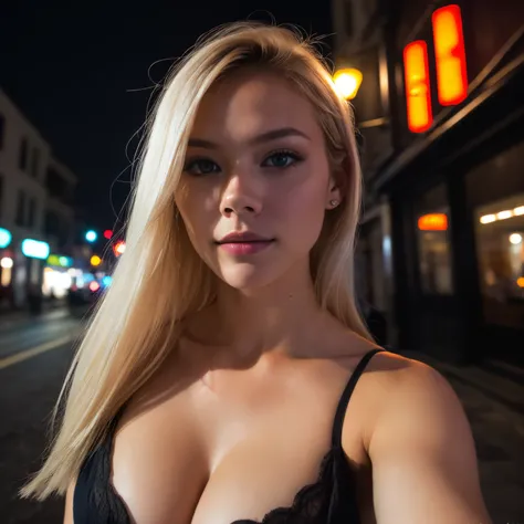 (Selfie, plan: 1.4), (straight half of the body,: 1.4), RAW UHD portrait photo of a 24-year-old blonde (Blue-eyed woman) Walking through dark alleys, huge tit,, Night city, (Rock), (décolleté), Details (fabric! , Haar! , kirakira, Farbe!! , drawback: 1.1),...