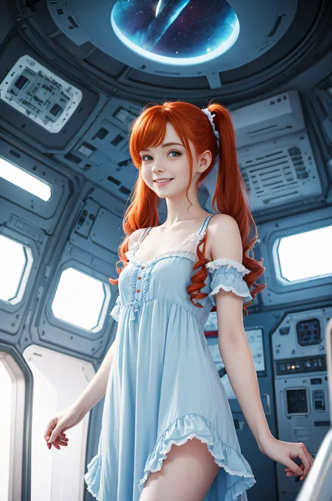 cute redhead 18-year-old woman, smiling, in twin tails, pale goth skin, wearing a pastel blue nightgown, frilly nightgown, standing on a space ship.