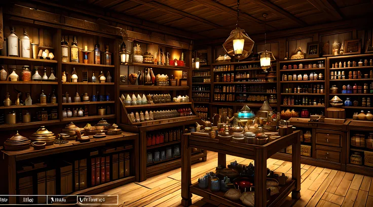 Diablo 4 style，Realistic 3A game effects，Unreal Engine effects，medieval times，Magician&#39;s shop interior，Don’t place items too densely on the shelves，handicraft，treasures，Magic potions，Pedras preciosas，A little perspective，structurally correct，highly acc...