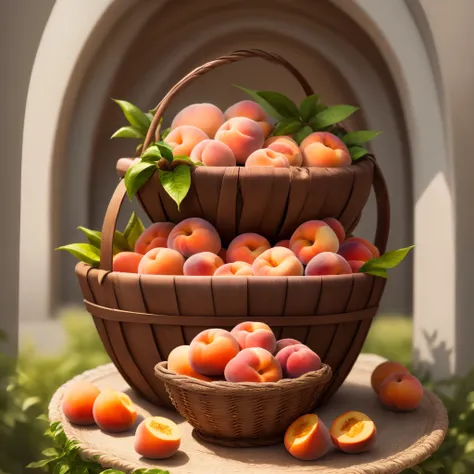 fruit basket made of peaches，Studded with beautiful shining gems，Immortal artifacts，peaches，