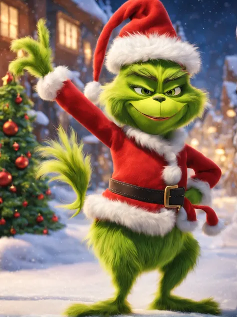 Grinch,fluffy fur,,cute little,(Face without wrinkles),Smooth bristles,green dumpling nose,all displayed,dance,raise a hand,raise her legs,a scene from a movie,Christmas Town,Red muffler,dynamic compositions,​masterpiece