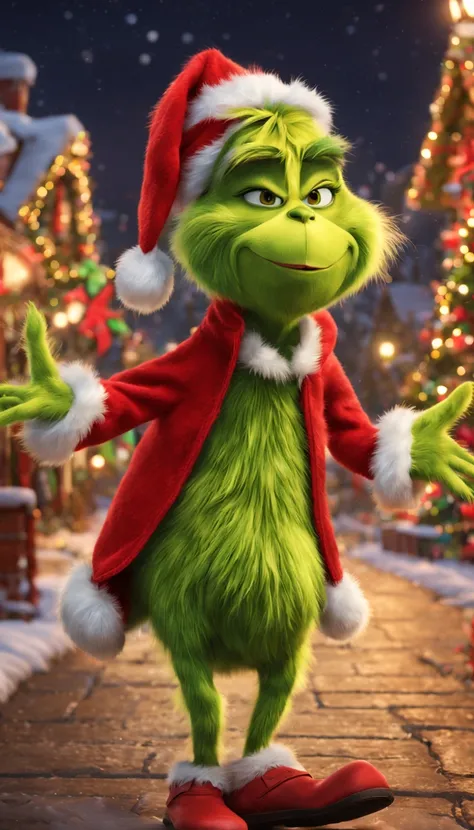 Grinch,fluffy fur,,cute little,(Face without wrinkles),Smooth bristles,green dumpling nose,all displayed,dance,raise a hand,raise her legs,a scene from a movie,Christmas Town,Red muffler,dynamic compositions,​masterpiece