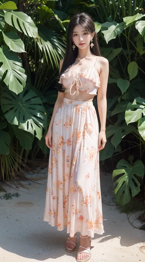 1 girl，Jellyfish hairstyle，Floral bohemian style long skirt，sweet emoticons，big hooped earrings，Beach shoes，Sweet style，black long straight hair，Chest firm but not big， Peach buttocks，（long slim figure：1）超高分辨率，Best quality at best，sandbeach，and the sun was...