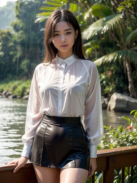 ((top-quality、in 8K、​masterpiece:1.3、Raw photo))、Super high quality photos, ((On a small boat on a big river in a tropical jungle))、Very beautiful Japan idols, Slim legs, wearing grid girl clothes、Wearing a miniskirt、((protruding nipples under the shirt,))...