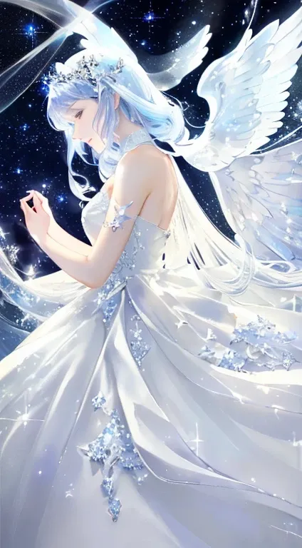 (top-quality, ​masterpiece, hight resolution), ((Fantastical))、1girll, woman in white dress with wings、(Detailed face)，(美丽的面容)、(Detailed eye depiction)、(well-shaped nose)、Beautiful hair、Colored inner hair, Starry sky adorns hair, Stars in the eyes,  transl...