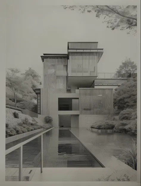 a black and white drawing of a house with a water feature, architectural illustration, inspired by tadao ando, architecture draw...