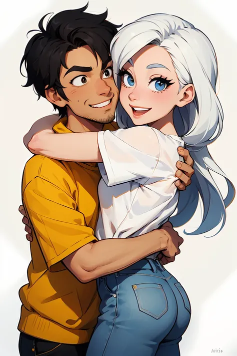 Image of a man and a woman hugging each other., el  hombre tiene playera blanca, y la mujer tiene blusa color blanca, ojos cafeces. Arte de dibujos animadosstyle, Arte de pintura de dibujos animados digitales, Pintura digital de dibujos animados, Pareja en...