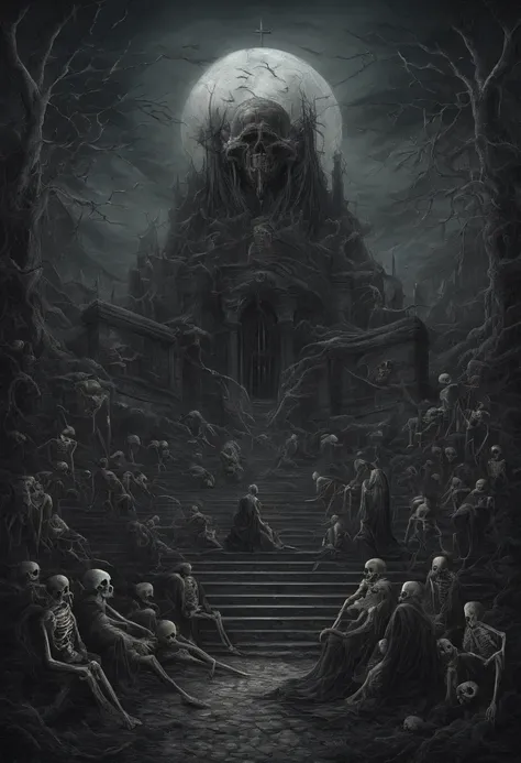 The skeletons and Lucifer talk to each other above a pile of corpses, fantasy, Intricate, elegant, Highly detailed, Centered, symetry, picure, Intricate, voluminetric lighting, Beautiful, rich deep colors masterpiece, Sharp focus, Ultra detailed, in the st...