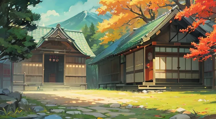 detailed, 2.5D, flat-colors, line-art,
Japanese shrine, 
roof tiles, wood, stone,
daytime,
autumn leaves,