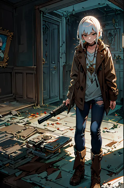 (suspense scene ((CONCEPT ART)), extremely detailed with a girl wearing jeans with brown coat and boots), (better lighting, better shadow, an extremely delicate and scary), (digital illustration), ((4k painting)), [(dynamic angle,((1girl)),white hair, (bea...