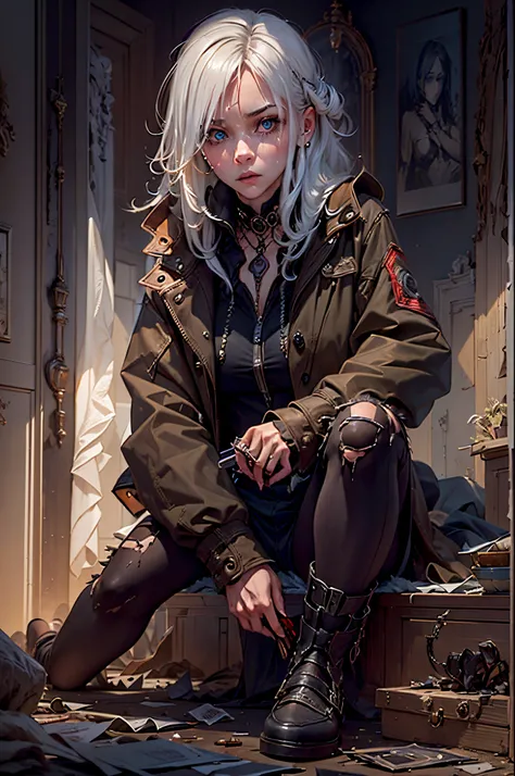 (suspense scene ((CONCEPT ART)), extremely detailed with a girl wearing jeans with brown coat and boots), (better lighting, better shadow, an extremely delicate and scary), (digital illustration), ((4k painting)), [(dynamic angle,((1girl)),white hair, (bea...