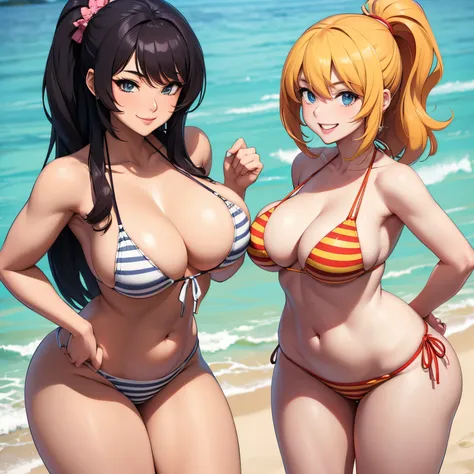 Hot anime mom, bikini, huge tigs, gorgeous figure, fine figure, smiling, medium hair, erotic smile,