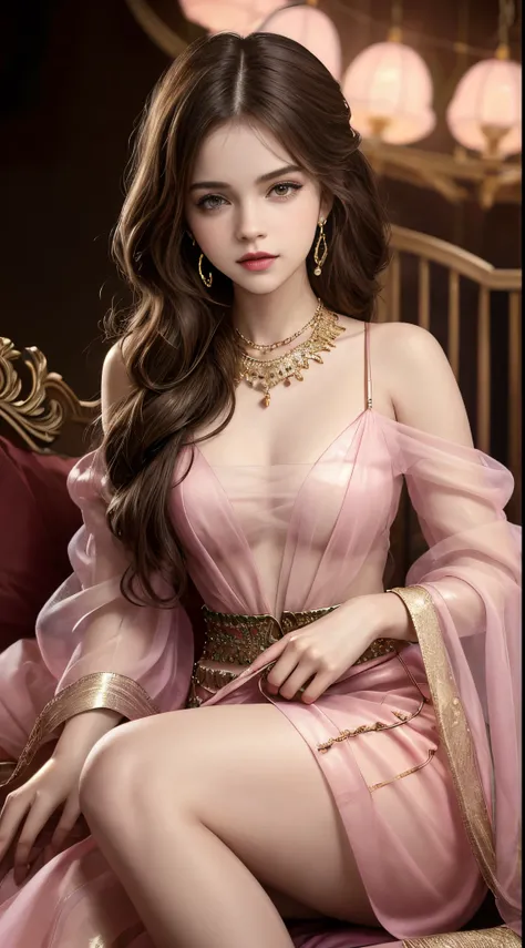 realistic, photorealistic, masterpiece, best quality, a girl ((Selena Gomez:Emma Watson:0.8)) looking at viewer, happy, long hair, beautifully lips, broad hips, ,broad shoulder, indian lahanga, pink lahanga, spreading lahanga, pink lace transparent, gold p...