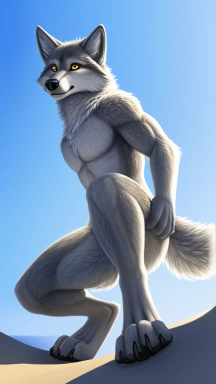 ((solo, full body perspective, side perspective)), male, anthro, ((wolf-face, digitigrade, four toes, muscled body, two-tone fur, grey and white furred body, arms at side)), calm expression, yellow eyes,