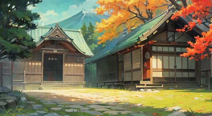 A detailed， 2.5D， Mono Color， line art，
A Japanese shrine，
Roof tiles，lumber，steins，
autumn leaves during daytime，falling leaf