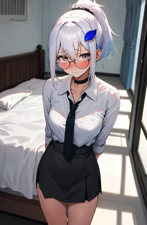 One girl with ponytail hair, white hair, blue inner hair, looking at viewer, embarrassed, blushing, tears, indoor , bed room, white shirts, black necktie, mini skirt, office lady, thigh, slim, dizzy, choker, mid-chest, wide hips, perfect waist, spread legs...