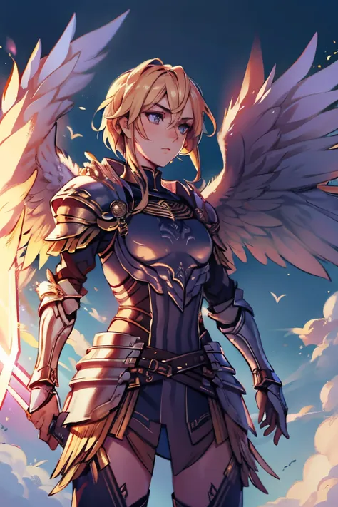 1 boy, valkyrie, warrior, wielding a sword, wings, fire magic, wearing armor, flat chest, androgynous