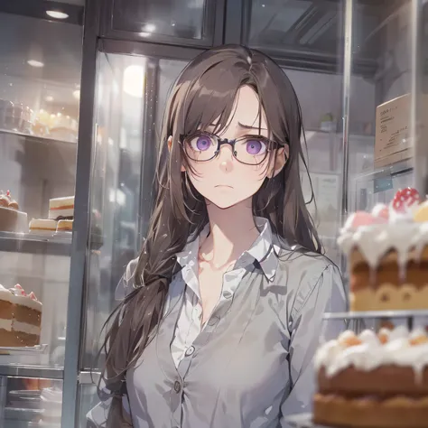 ​masterpiece、top-quality、(brown colored long hair、poneyTail:1.1)、25 year old woman with purple eyes、wears glasses、Wearing a gray suit、white  shirt、(flat breast:1.1)、(Depressed and gloomy look:1.3)、(Staring:1.5)、(Close-up of the subjects face:1.3)、The backg...