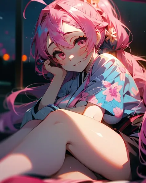 1 girl, game CG, blue floral short kimono, thighs visible, gigantic breasts, pink hair, long hair, hair up, princess hairstyle, ahoge, pink eyes, smile, lie down, night,