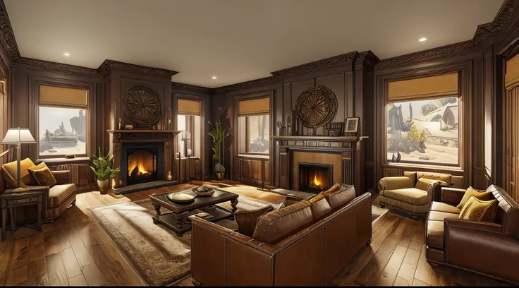 fantasy living room with a fireplace and large window glasses, 3d game cinematic feel, epic 3d videogame graphics, intricately d...