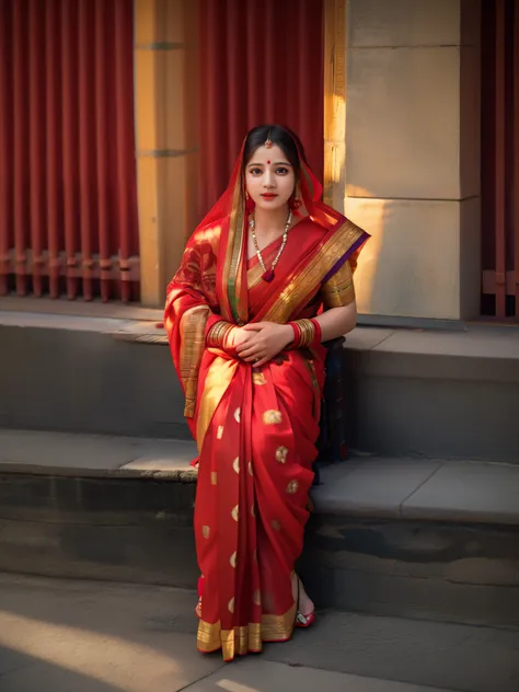 there is a woman in a sari sitting on a bench, wearing bihu dress mekhela sador, dressed in a sari, photo of a woman, wearing sa...