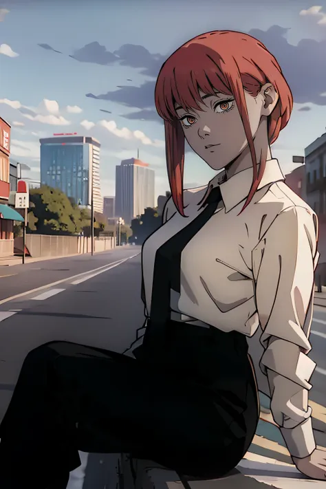 fubukiopm,d, sidelocks, red_hair, necktie,white shirt , black pant, sitting on a road, city in background,