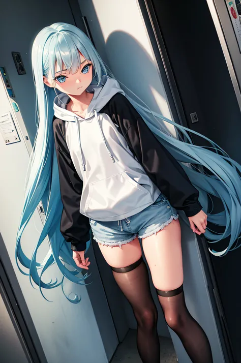 teenager,girl,tall,emotionless,blue eyes,very long light blue hair,bangs,white hoodie,black shorts,thigh high black socks,half body