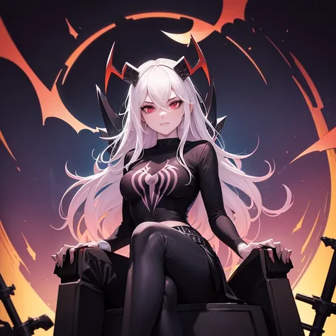 Spidergwen metalhead , infernal realm , nighttime , masterpiece , devil horns , black tshirt , black pants , sitting on a throne , metal party , top camera angle