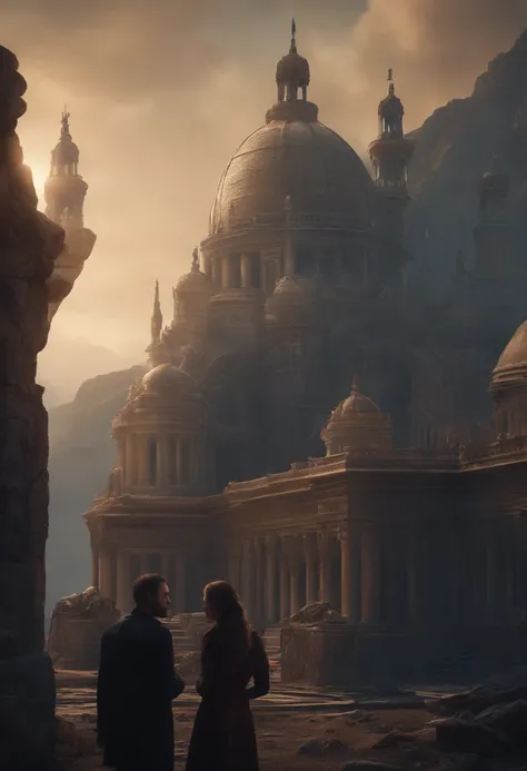 a girl and a man talk to each other above a pile of corpses, appendage architecture buildings made from skeletons, fantasy, Intricate, elegant, Highly detailed, Centered, symetry, picure, Intricate, voluminetric lighting, Beautiful, rich deep colors master...