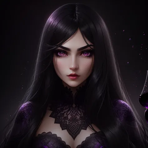 black long hair, dark purple eye, serious expression, art medium, sharp eyes, woman, glowing background, wine color lips, lace clothing, long lashes, bust up view, sharp eyebrows, dark violet colored eyes, best quality, ultra-detailed, realistic, vivid col...