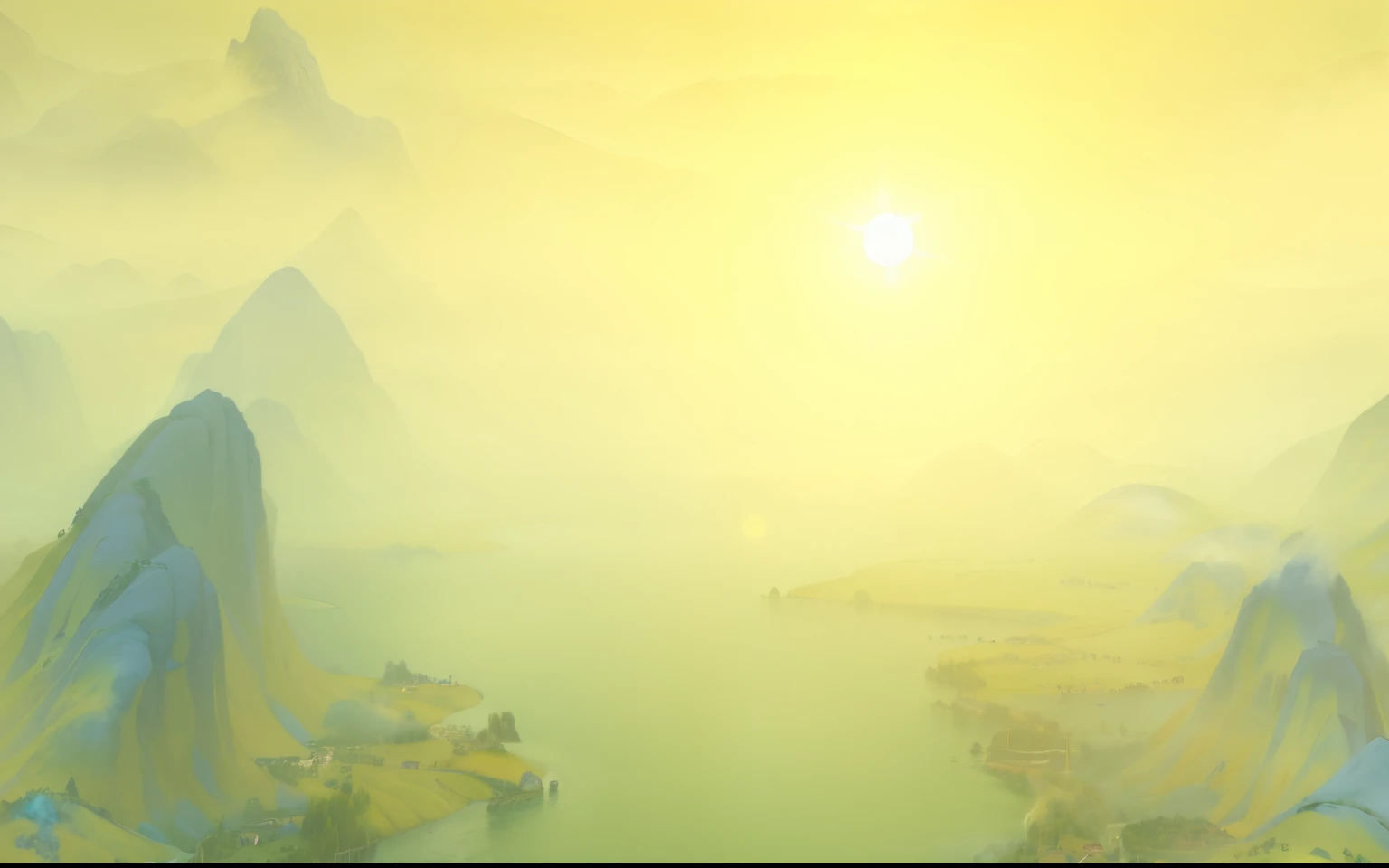 There is a landscape painting，There is a river, 《Kola Legend》Set, distant village background,  Sky with yellow-green smoke, golden hour background, Ethereal stills, epic landscapes, Ethereal landscape, Dawn background, Hazy sunlight and mystery, background...