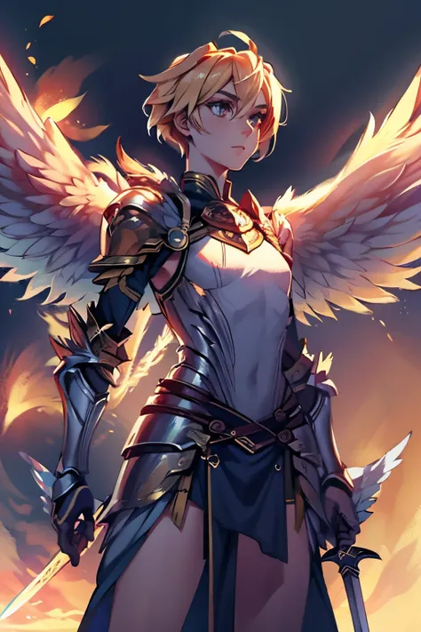 1 boy, valkyrie, warrior, wielding a sword, wings, fire magic, wearing armor, flat chest, androgynous, wielding a shield