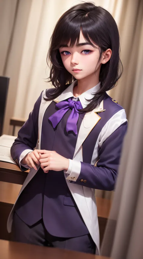 A young man in a school uniform, Purple eyes and dark black hair, I am studying carefully.