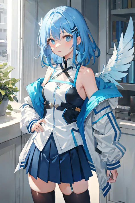 Small breasts, Medium Hair, Light blue hair, Blue eyes, Open jacket, Bare shoulder, wing shape jacket, wing-shaped cloth, Skirt, Cowboy Shot, Feathers