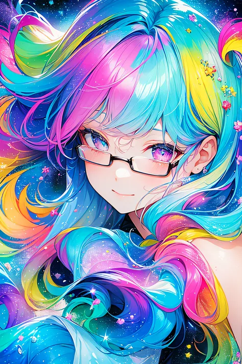 (Masterpiece, Top Quality, Best Quality, Watercolor (Medium), Official Art, Beautiful and Aesthetic: 1.2), (1 Girl: 1.3), (Fractal Art: 1.3), Upper Body, From the Side, Watching the Viewer, Pattern, (Iridescent Hair, Colorful Hair, Half Blue and Half Pink ...